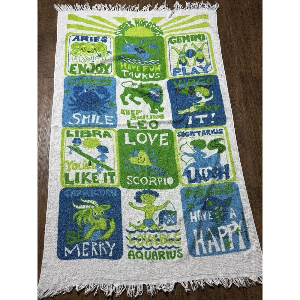 Vintage Rare Montero Zodiac Horoscope Blue Green Beach Towel Signs Fringe VGUC